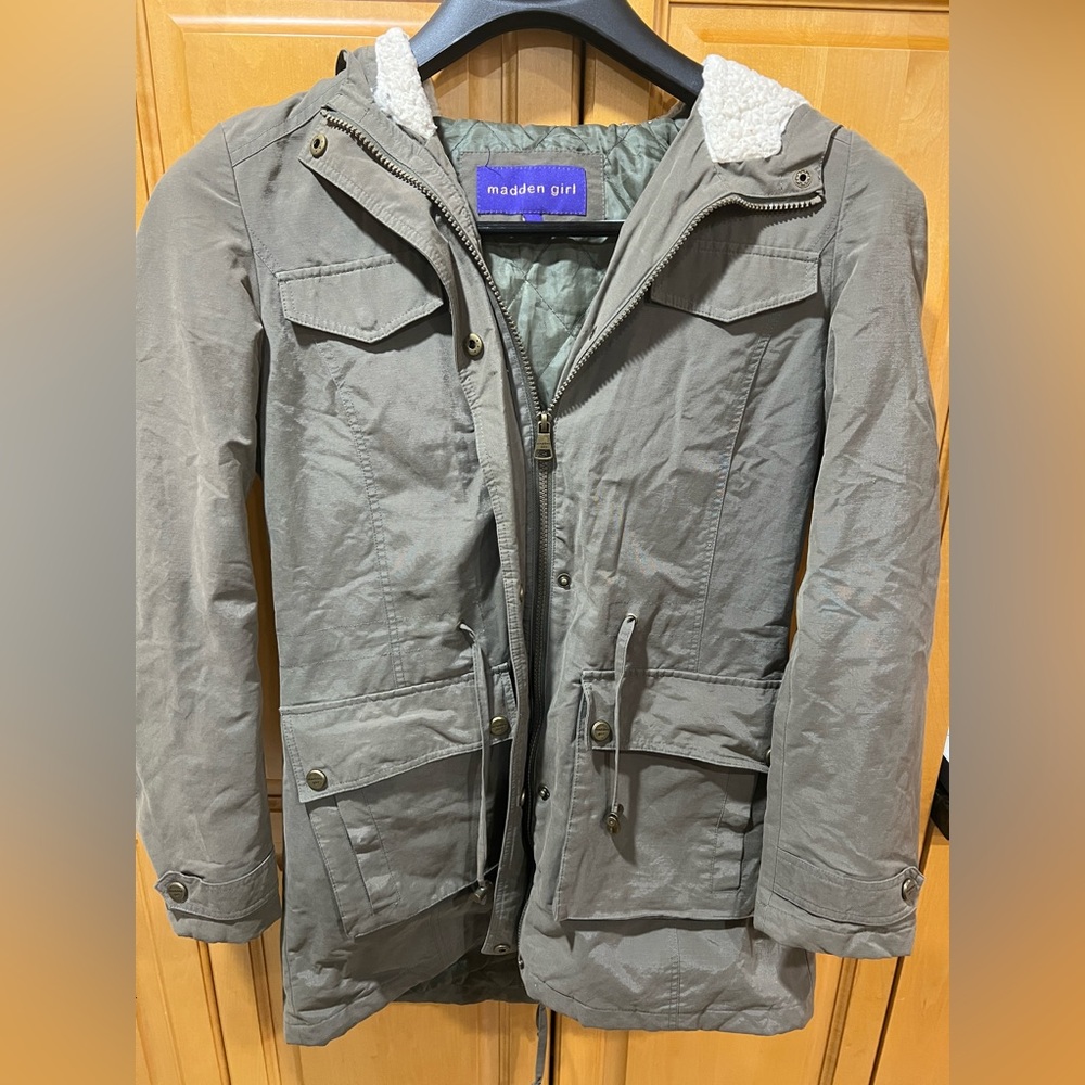 Madden Girl Olive green with  cream color sherpa hooded jacket